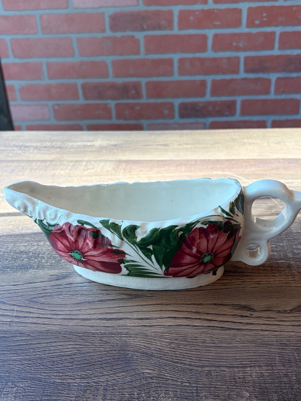Vintage Red Poppy Ceramic Gravy Boat with Side Handle, Mid-Century Hand-Painted